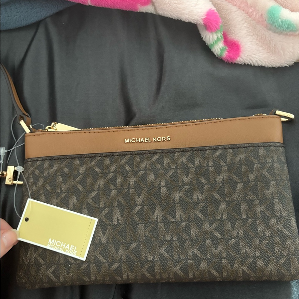 Michael Kors Brown and Gold Logo Wristlet